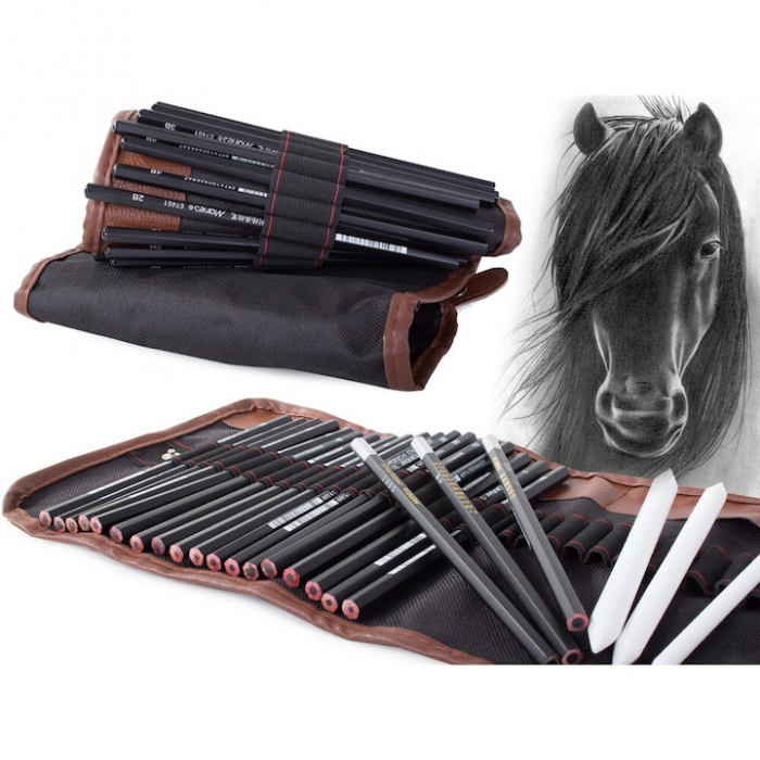 Set de instrumente pentru schite VarioShop®, din 29 piese, include creioane si carbune din lemn natural, cu husa pentru depozitare pliabila, Negru/Maro [6]