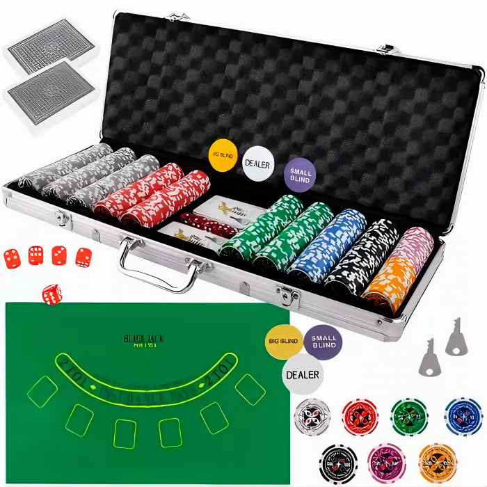 Set de Joc Poker Deluxe XXL VarioShop®, Ideal pentru Texas Holdem cu 500 Jetoane, Include 5 Zaruri, 2 Seturi de Carti, Echipat cu Servieta Securizata din Aluminiu, Argintiu [22]