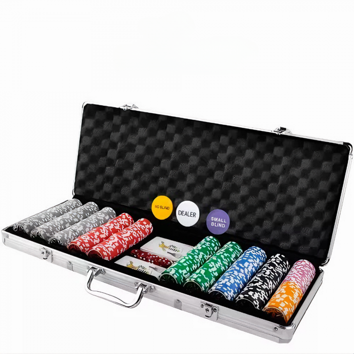 Set de Joc Poker Deluxe XXL VarioShop®, Ideal pentru Texas Holdem cu 500 Jetoane, Include 5 Zaruri, 2 Seturi de Carti, Echipat cu Servieta Securizata din Aluminiu, Argintiu [15]