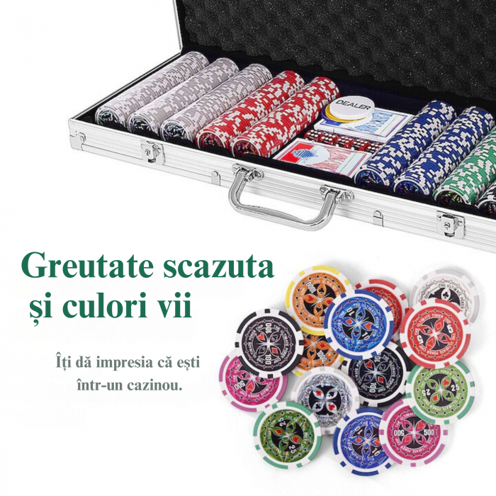 Set de Joc Poker Deluxe XXL VarioShop®, Ideal pentru Texas Holdem cu 500 Jetoane, Include 5 Zaruri, 2 Seturi de Carti, Echipat cu Servieta Securizata din Aluminiu, Argintiu [23]