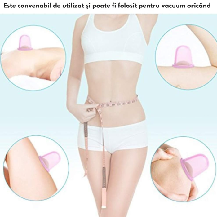 Set de masaj cu rola si ventuze VarioShop®, pentru masaj vacuum, 4 cupe, tonifiere, fermitate, detoxifiere, imbunatatirea circulatiei, din cauciuc si saculet de depozitare, silicon, Roz [4]