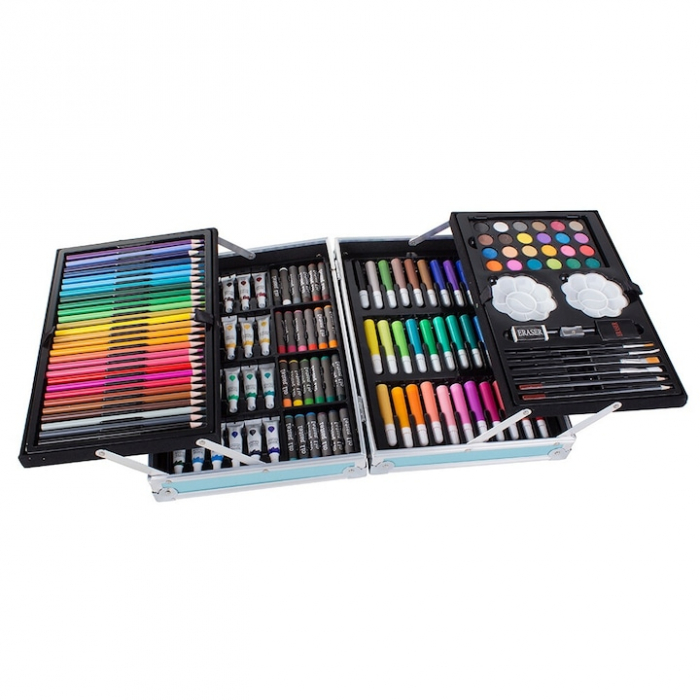 Set de pictura si desen pentru copii VarioShop®, 145 de piese, Cutie metalica, Albastru [14]