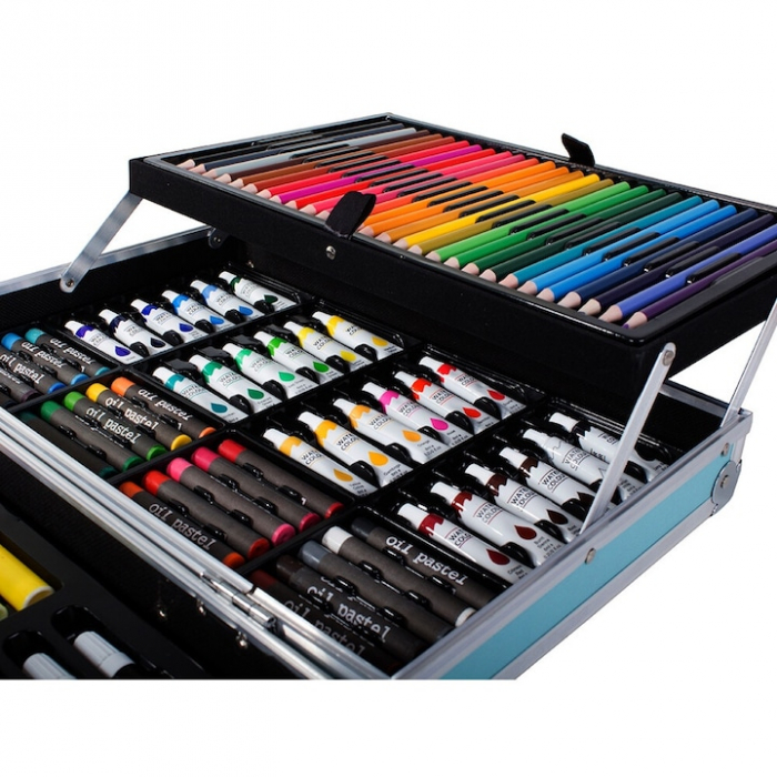 Set de pictura si desen pentru copii VarioShop®, 145 de piese, Cutie metalica, Albastru [10]