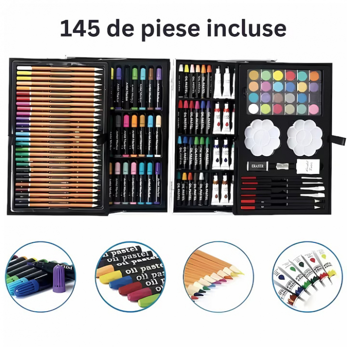 Set de pictura si desen pentru copii VarioShop®, 145 de piese, Cutie metalica, Albastru [4]