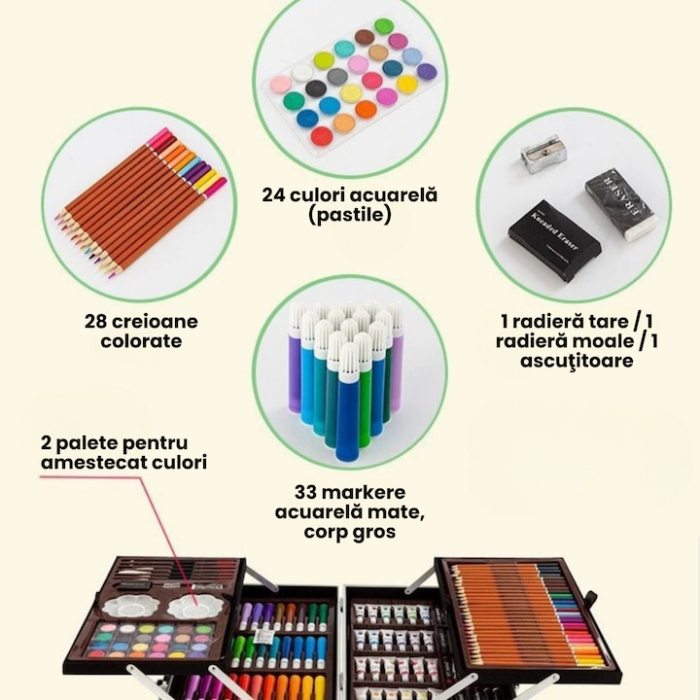 Set de pictura si desen pentru copii VarioShop®, 145 de piese, Cutie metalica,Albastru [2]