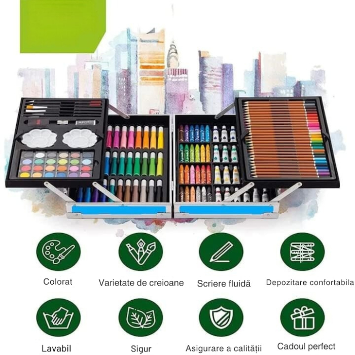 Set de pictura si desen pentru copii VarioShop®, 145 de piese, Cutie metalica,Albastru [3]