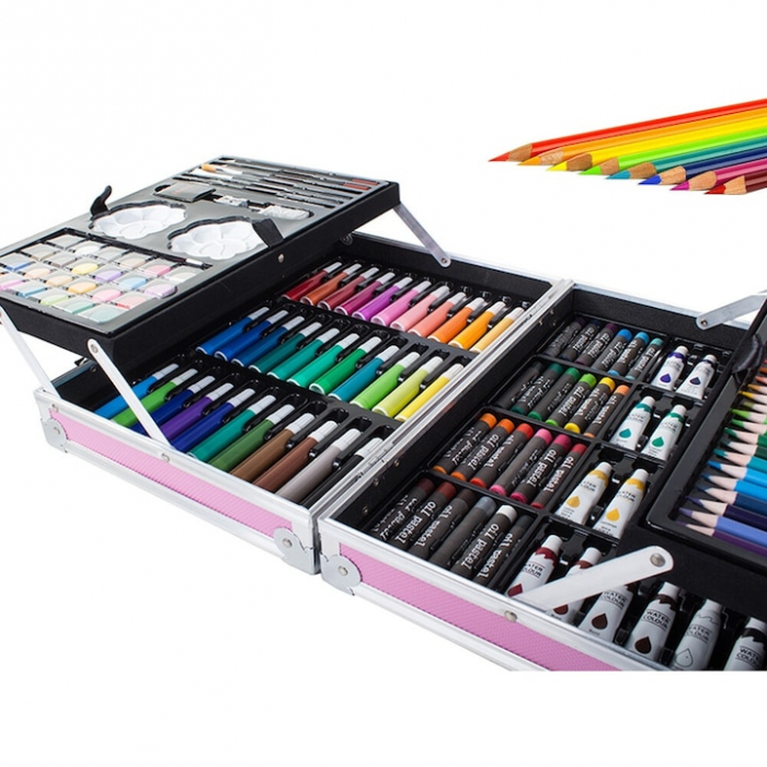 Set de pictura si desen pentru copii VarioShop®, 145 de piese, Cutie metalica, Roz [14]
