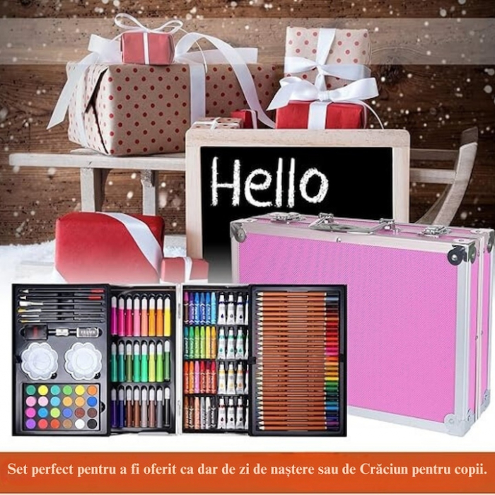 Set de pictura si desen pentru copii VarioShop®, 145 de piese, Cutie metalica, Roz [11]