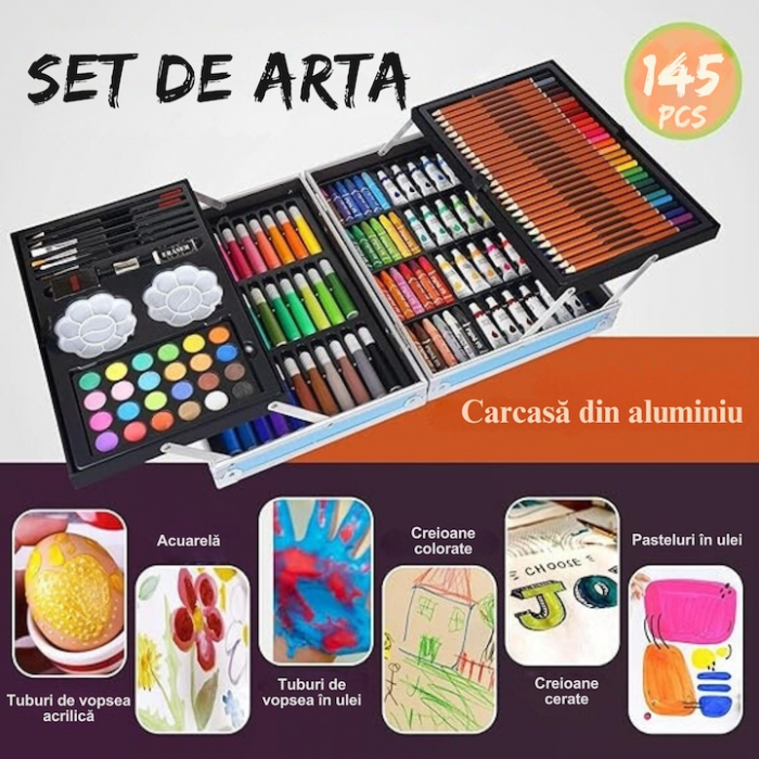 Set de pictura si desen pentru copii VarioShop®, 145 de piese, Cutie metalica, Roz [3]