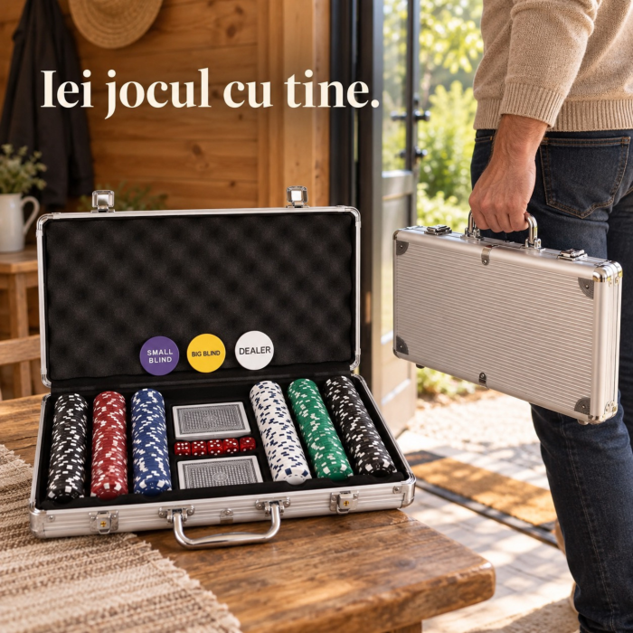 Set de poker VarioShop®, in valiza din aluminiu, 300 jetoane multicolore cu disc metalic, 2 pachete de carti, 5 zaruri, 39 x 27 x 7 cm [7]