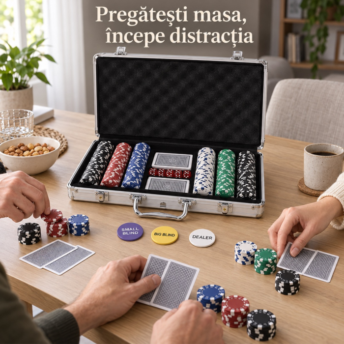 Set de poker VarioShop®, in valiza din aluminiu, 300 jetoane multicolore cu disc metalic, 2 pachete de carti, 5 zaruri, 39 x 27 x 7 cm [5]