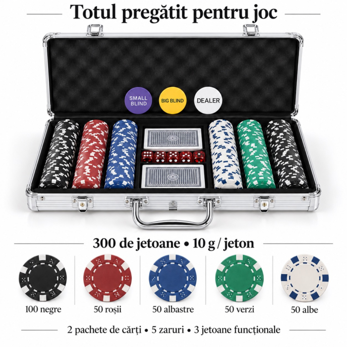 Set de poker VarioShop®, in valiza din aluminiu, 300 jetoane multicolore cu disc metalic, 2 pachete de carti, 5 zaruri, 39 x 27 x 7 cm [6]