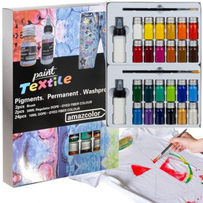Set de Vopsele pentru Textile VarioShop®, 24 Culori Vibrante, 10 ml, 2 Pensule Incluse, Non-toxic, Compatibilitate Larga, Usor de Folosit, Multicolor [1]