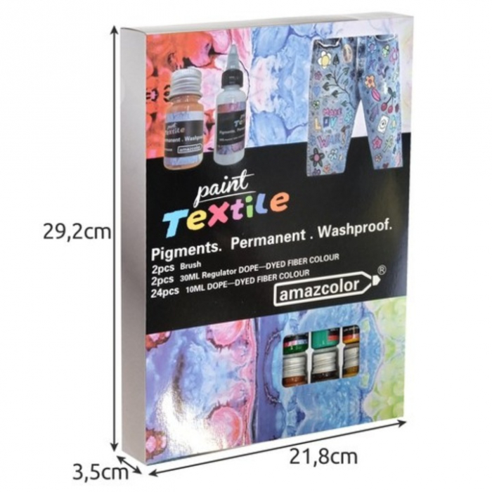 Set de Vopsele pentru Textile VarioShop®, 24 Culori Vibrante, 10 ml, 2 Pensule Incluse, Non-toxic, Compatibilitate Larga, Usor de Folosit, Multicolor [9]