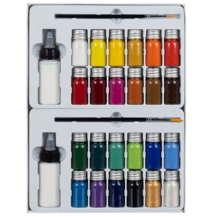 Set de Vopsele pentru Textile VarioShop®, 24 Culori Vibrante, 10 ml, 2 Pensule Incluse, Non-toxic, Compatibilitate Larga, Usor de Folosit, Multicolor [8]