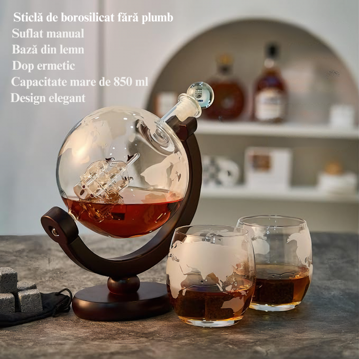 Set decantor VarioShop®️, Forma de Glob Pamantesc, 2 Pahare cu Imprimeu, 9 Cuburi din Roca pentru Whiskey, 2 Suporturi Din Pluta, Cleste, Palnie, 850ml [7]