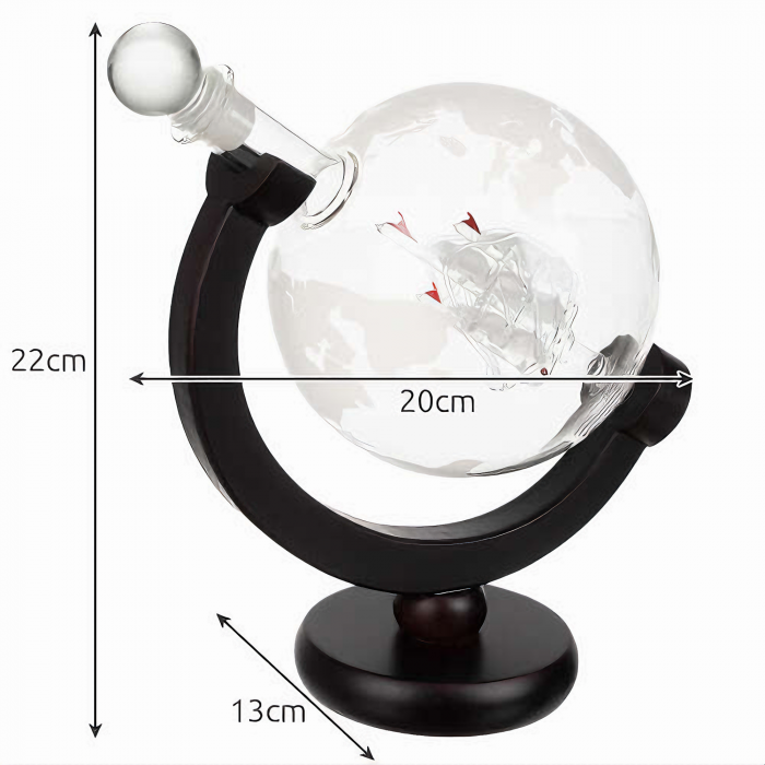 Set decantor VarioShop®️, Forma de Glob Pamantesc, 2 Pahare cu Imprimeu, 9 Cuburi din Roca pentru Whiskey, 2 Suporturi Din Pluta, Cleste, Palnie, 850ml [53]