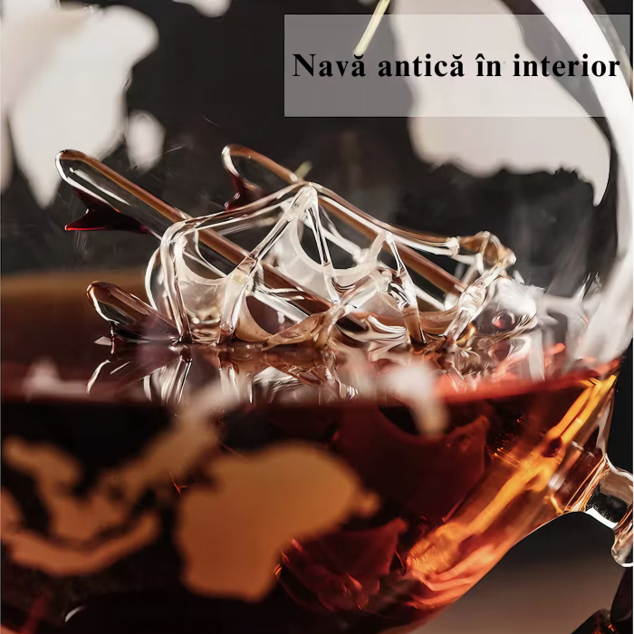 Set decantor VarioShop®️, Forma de Glob Pamantesc, 2 Pahare cu Imprimeu, 9 Cuburi din Roca pentru Whiskey, 2 Suporturi Din Pluta, Cleste, Palnie, 850ml [44]