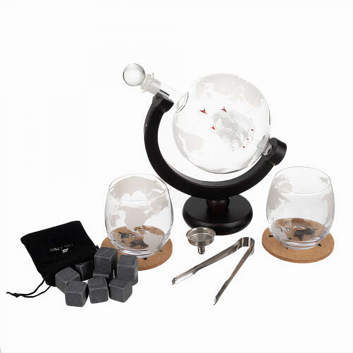 Set decantor VarioShop®️, Forma de Glob Pamantesc, 2 Pahare cu Imprimeu, 9 Cuburi din Roca pentru Whiskey, 2 Suporturi Din Pluta, Cleste, Palnie, 850ml [45]