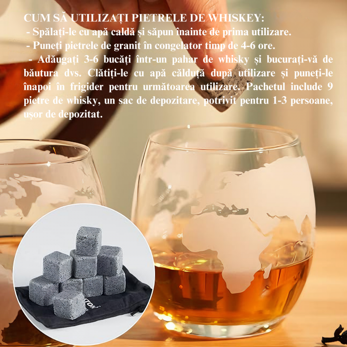 Set decantor VarioShop®️, Forma de Glob Pamantesc, 2 Pahare cu Imprimeu, 9 Cuburi din Roca pentru Whiskey, 2 Suporturi Din Pluta, Cleste, Palnie, 850ml [36]