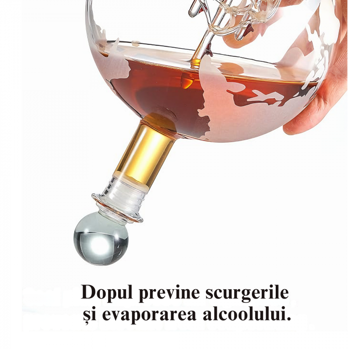 Set decantor VarioShop®️, Forma de Glob Pamantesc, 2 Pahare cu Imprimeu, 9 Cuburi din Roca pentru Whiskey, 2 Suporturi Din Pluta, Cleste, Palnie, 850ml [47]