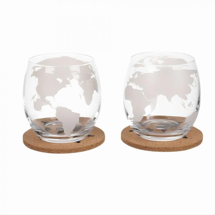 Set decantor VarioShop®️, Forma de Glob Pamantesc, 2 Pahare cu Imprimeu, 9 Cuburi din Roca pentru Whiskey, 2 Suporturi Din Pluta, Cleste, Palnie, 850ml [48]