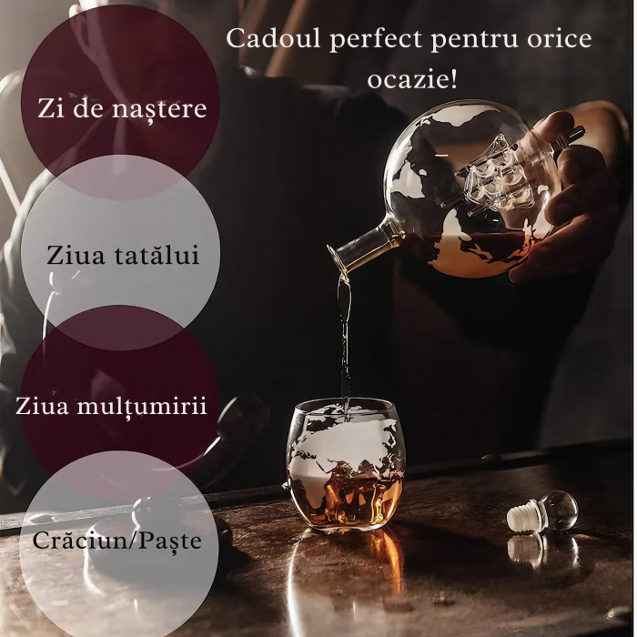 Set decantor VarioShop®️, Forma de Glob Pamantesc, 2 Pahare cu Imprimeu, 9 Cuburi din Roca pentru Whiskey, 2 Suporturi Din Pluta, Cleste, Palnie, 850ml [31]