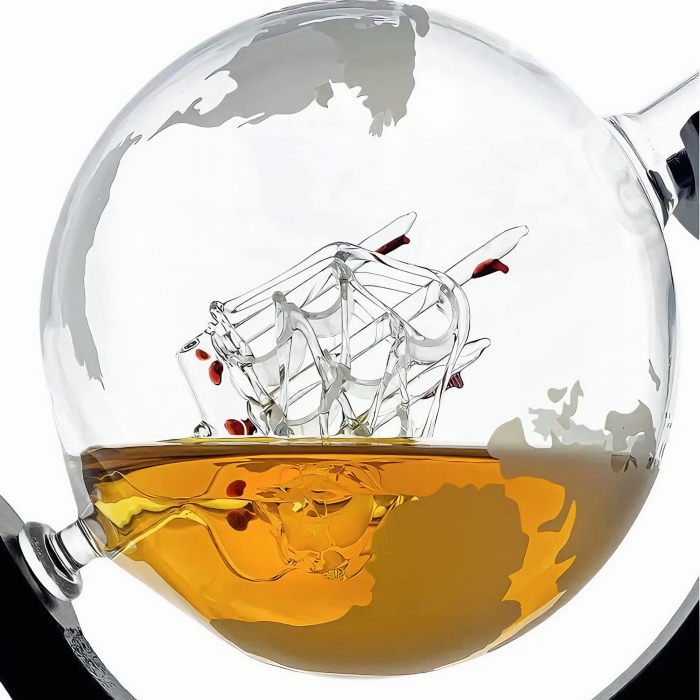 Set decantor VarioShop®️, Forma de Glob Pamantesc, 2 Pahare cu Imprimeu, 9 Cuburi din Roca pentru Whiskey, 2 Suporturi Din Pluta, Cleste, Palnie, 850ml [18]