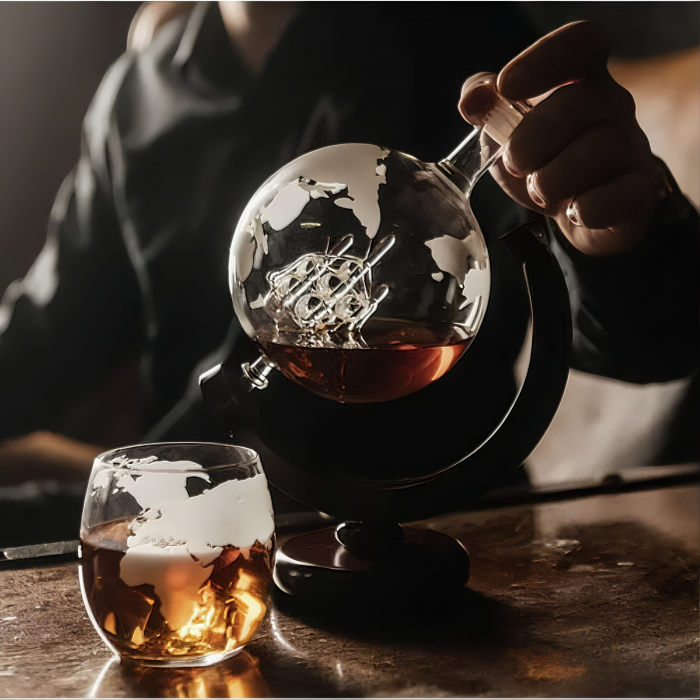 Set decantor VarioShop®️, Forma de Glob Pamantesc, 2 Pahare cu Imprimeu, 9 Cuburi din Roca pentru Whiskey, 2 Suporturi Din Pluta, Cleste, Palnie, 850ml [50]