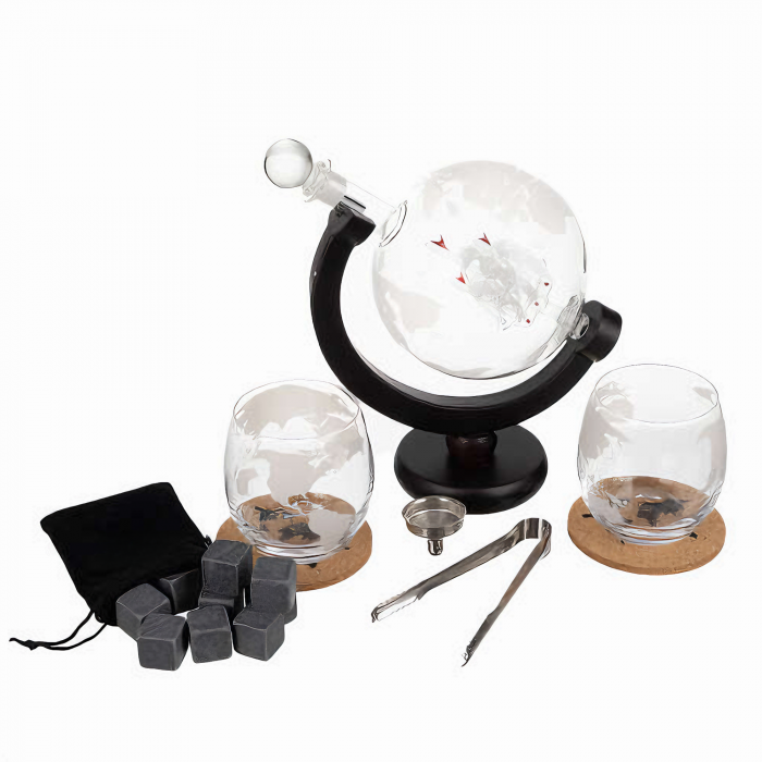 Set decantor VarioShop®️, Forma de Glob Pamantesc, 2 Pahare cu Imprimeu, 9 Cuburi din Roca pentru Whiskey, 2 Suporturi Din Pluta, Cleste, Palnie, 850ml [52]