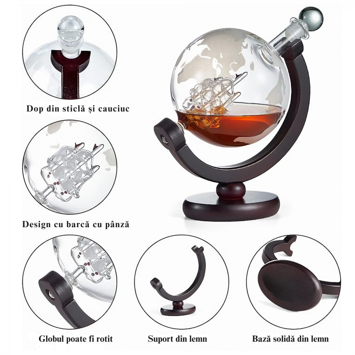 Set decantor VarioShop®️, Forma de Glob Pamantesc, 2 Pahare cu Imprimeu, 9 Cuburi din Roca pentru Whiskey, 2 Suporturi Din Pluta, Cleste, Palnie, 850ml [32]