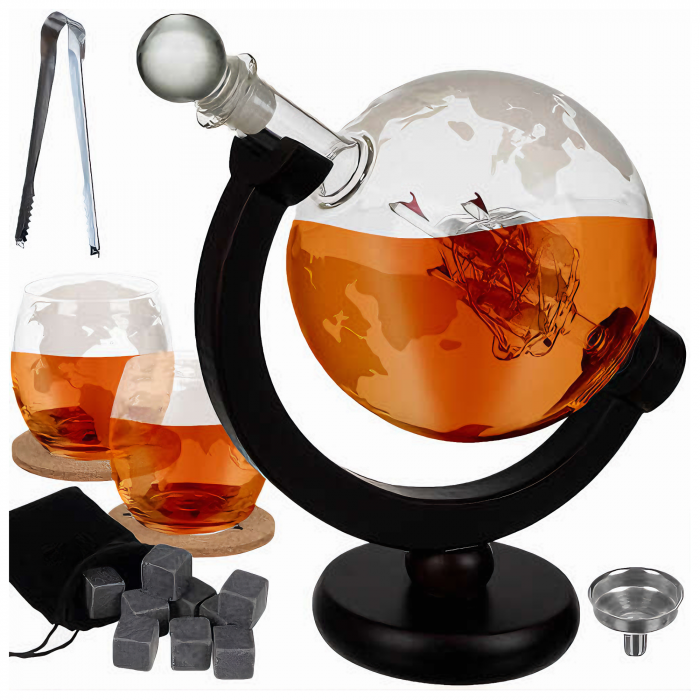Set decantor VarioShop®️, Forma de Glob Pamantesc, 2 Pahare cu Imprimeu, 9 Cuburi din Roca pentru Whiskey, 2 Suporturi Din Pluta, Cleste, Palnie, 850ml [29]