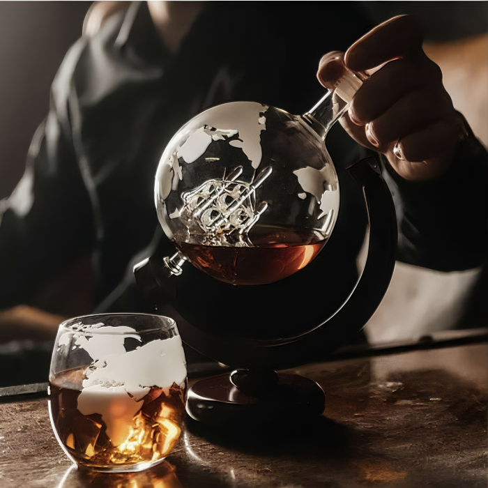 Set decantor VarioShop®️, Forma de Glob Pamantesc, 2 Pahare cu Imprimeu, 9 Cuburi din Roca pentru Whiskey, 2 Suporturi Din Pluta, Cleste, Palnie, 850ml [2]