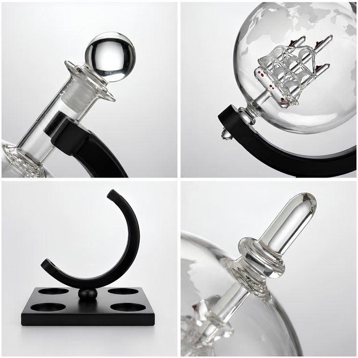 Set decantor VarioShop®, pentru whisky si bauturi, cu nava decorativa, potrivit pentru servire si cadou, 4 pahare, dop si suport, sticla, negru [6]