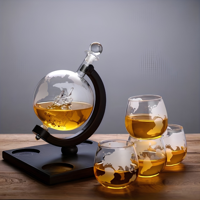 Set decantor VarioShop®, pentru whisky si bauturi, cu nava decorativa, potrivit pentru servire si cadou, 4 pahare, dop si suport, sticla, negru [4]