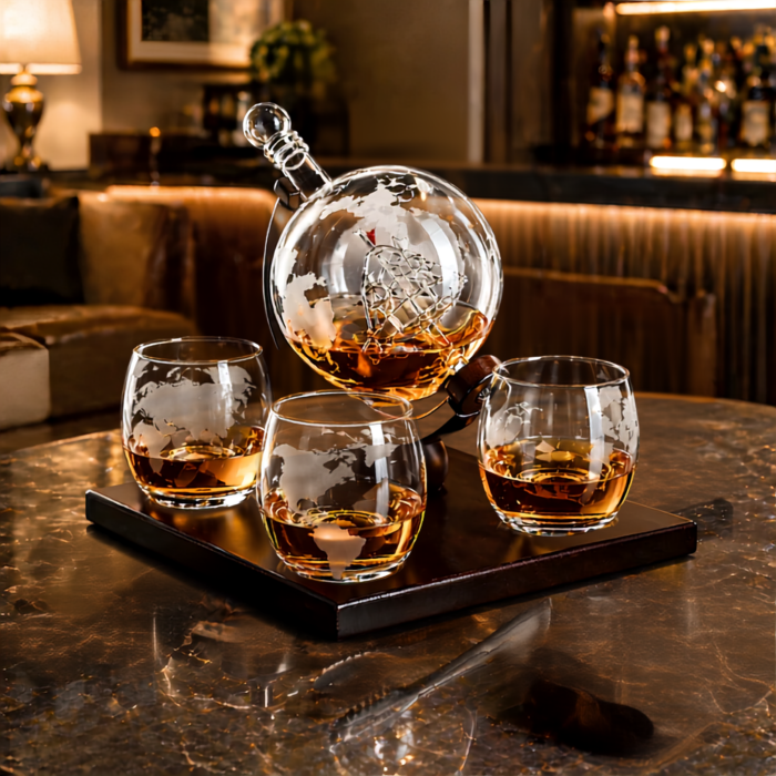 Set decantor VarioShop®, pentru whisky si bauturi, cu nava decorativa, potrivit pentru servire si cadou, 4 pahare, dop si suport, sticla, negru [2]
