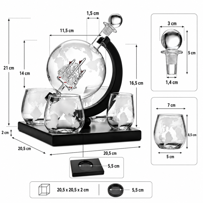 Set decantor VarioShop®, pentru whisky si bauturi, cu nava decorativa, potrivit pentru servire si cadou, 4 pahare, dop si suport, sticla, negru [3]