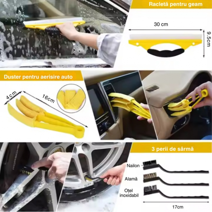 Set detailing auto 22 de piese VarioShop®, perii, bureti, racleta, prosop, manusa, interior/exterior, geanta transport si depozitare, versatil, curatare eficienta, Galben/Negru [7]