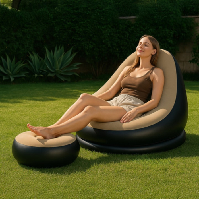 Set fotoliu gonflabil VarioShop® cu suport pentru picioare, exterior catifelat, PVC durabil, dimensiuni mari, rezistent la apa, ideal pentru relaxare acasa sau in aer liber, cu pompa inclusa, Crem/Neg [1]