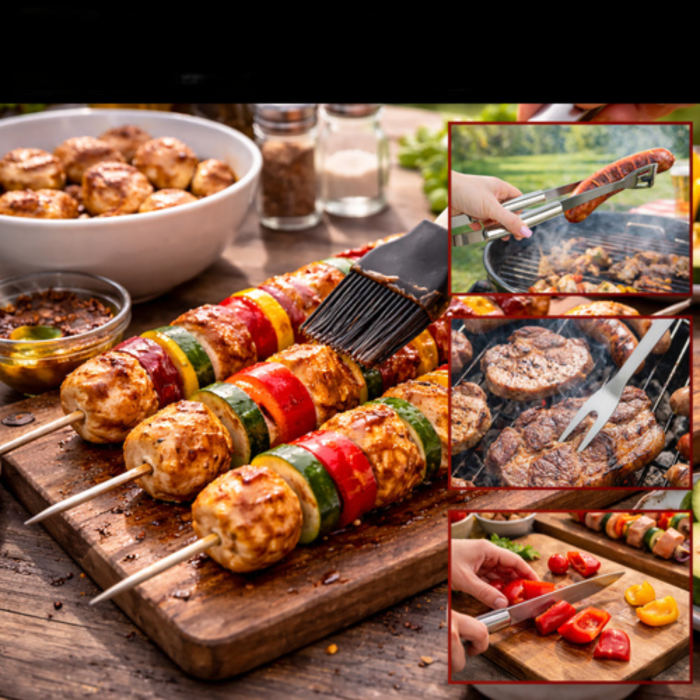 Set gratar 5 piese VarioShop®, din otel inoxidabil, cutie transport, cleste, spatula, furculita, perie si cutit, unelte complete pentru gratar, outdoor si picnic [4]