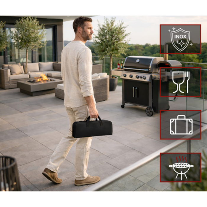 Set gratar 6 piese VarioShop®, din otel inoxidabil, cutie transport, cleste, spatula, furculita, perie, burete si cutit, unelte complete pentru gratar, outdoor si picnic [2]