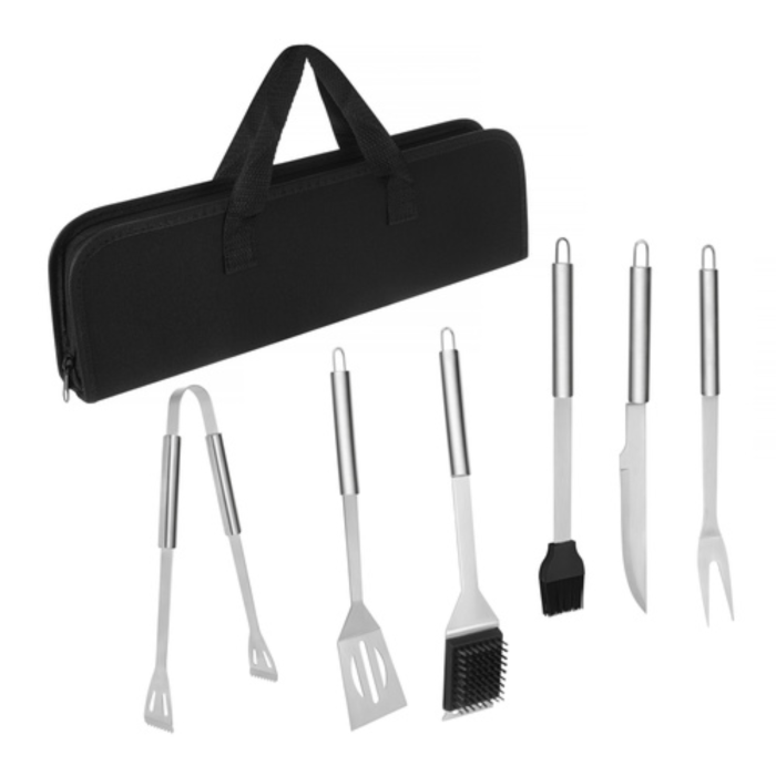 Set gratar 6 piese VarioShop®, din otel inoxidabil, cutie transport, cleste, spatula, furculita, perie, burete si cutit, unelte complete pentru gratar, outdoor si picnic [12]