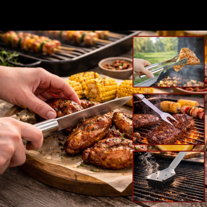 Set gratar 6 piese VarioShop®, din otel inoxidabil, cutie transport, cleste, spatula, furculita, perie, burete si cutit, unelte complete pentru gratar, outdoor si picnic [3]