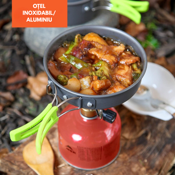 Set mare de oale si vesela pentru camping VarioShop®, oala, tigaie, fierbator, tacamuri, cani si husa, strat antiaderent, usor si compact, ideal pentru 2-4 persoane, drumetii, pescuit, Negru [4]