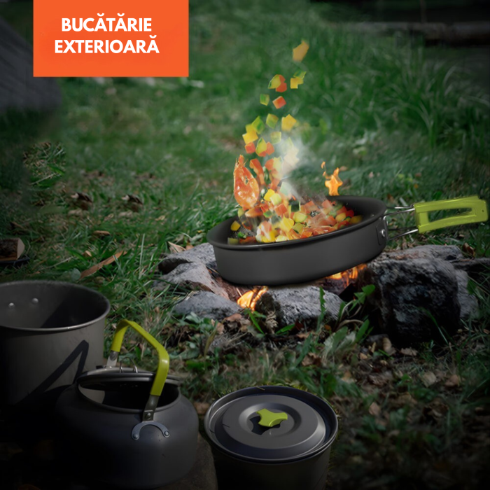 Set mare de oale si vesela pentru camping VarioShop®, oala, tigaie, fierbator, tacamuri, cani si husa, strat antiaderent, usor si compact, ideal pentru 2-4 persoane, drumetii, pescuit, Negru [3]