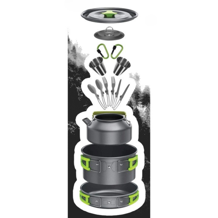 Set mare de oale si vesela pentru camping VarioShop®, oala, tigaie, fierbator, tacamuri, cani si husa, strat antiaderent, usor si compact, ideal pentru 2-4 persoane, drumetii, pescuit, Negru [8]