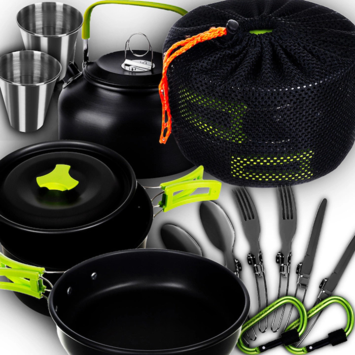 Set mare de oale si vesela pentru camping VarioShop®, oala, tigaie, fierbator, tacamuri, cani si husa, strat antiaderent, usor si compact, ideal pentru 2-4 persoane, drumetii, pescuit, Negru [5]