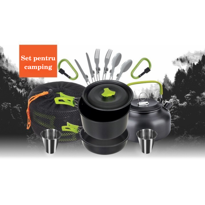 Set mare de oale si vesela pentru camping VarioShop®, oala, tigaie, fierbator, tacamuri, cani si husa, strat antiaderent, usor si compact, ideal pentru 2-4 persoane, drumetii, pescuit, Negru [6]