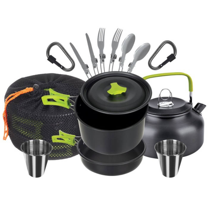 Set mare de oale si vesela pentru camping VarioShop®, oala, tigaie, fierbator, tacamuri, cani si husa, strat antiaderent, usor si compact, ideal pentru 2-4 persoane, drumetii, pescuit, Negru [7]