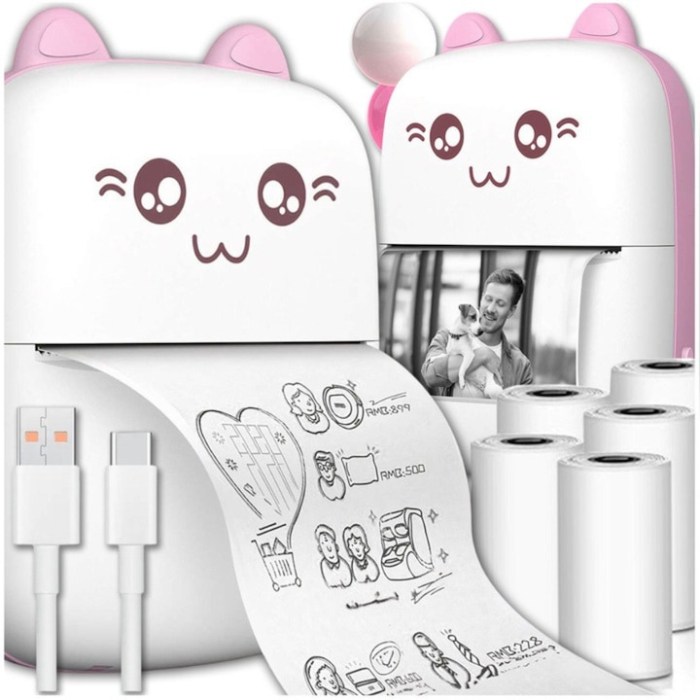 Set mini imprimanta termica si 10 role VarioShop®, Bluetooth, Compatibil iOS/Android, Imprimare APP, 1200 mAh, rola termica inclusa, model pisicuta cu urechiuse roze, 11 x 8 x 4 cm, Roz [13]